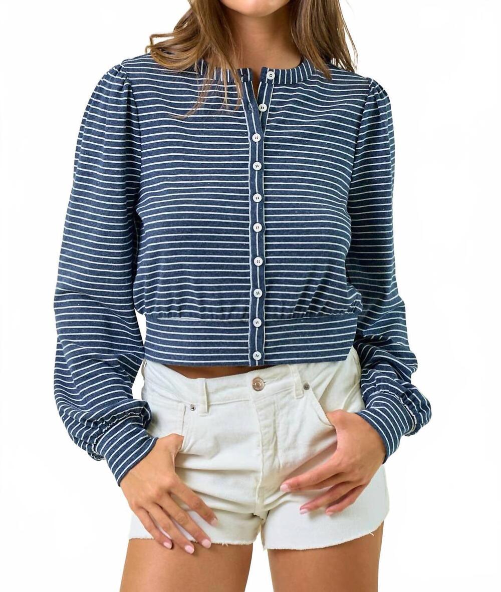NEW DOE AND RAE striped knit button-front blouson top in indigo